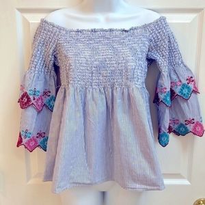 Ann Taylor LOFT Cropped Blue Stripe Off Shoulder, 3/4 Scalloped, Sleeves Sz MP